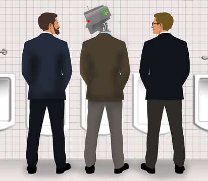 Integrating AI into the office workplace is the theme of two men at the restroom urinals with an AI robot between them.  Just one of the guys now. This is a 3-d illustration.