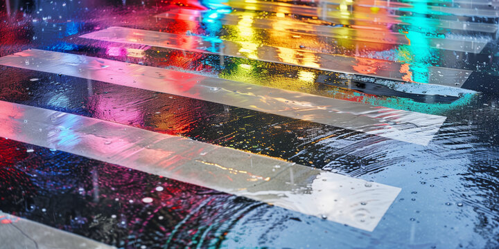 Wet urban crosswalk illuminated by vivid rainbow reflections at night, creating a colorful Pride inspired city scene