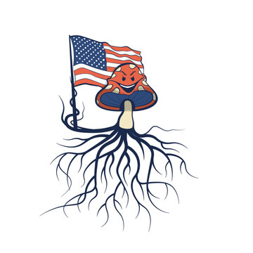 Retro Cartoon Mushroom Character with USA Flag and Roots Patriotic Groovy Mascot Vector