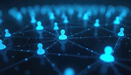 Obraz premium Abstract digital network of glowing human icons connected by lines. Futuristic concept of data flow and global communication. Blue particles float in dark cyberspace.