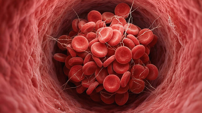 Blood clot formation inside human artery. Microscopic visualization of thrombus with red blood cells trapped in fibrin mesh.