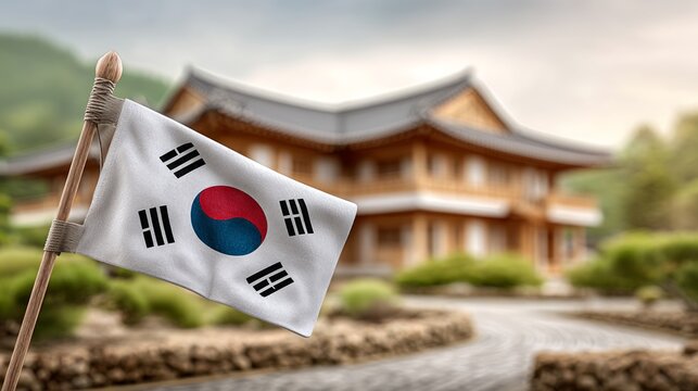 Korean National Flag Displayed with Traditional Architecture in Background