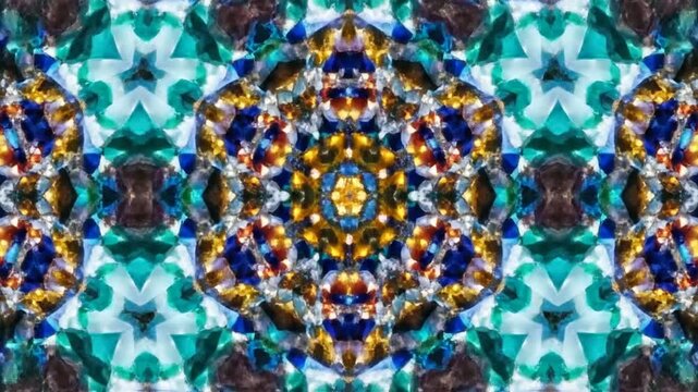 Abstract kaleidoscopic pattern with symmetrical colorful gem shapes