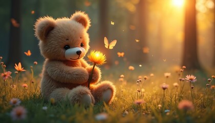 Fototapeta premium Plush bear sits in grassy meadow holding glowing flower. Butterflies flutter around the cute toy. Gentle sunbeams light up the forest scene.
