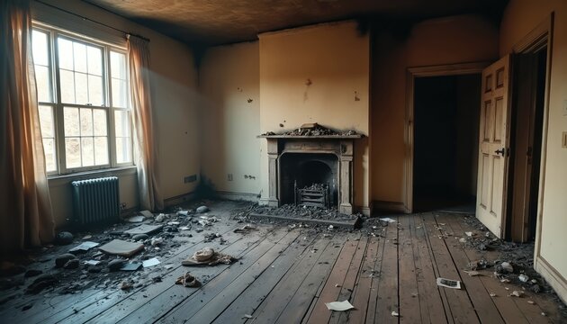Interior of burnt-down room. Ash and debris cover wooden floor. Scorch marks stain walls near fireplace. Window with curtains lets in daylight, illuminating ruin. Open doors lead to darkness.