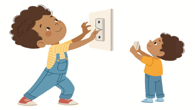 Two young boys engaging in playful electrical exploration with a light switch and a light bulb