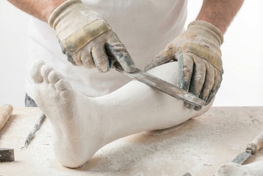 Hands in dirty work gloves using metal file to shape and smooth plaster cast of leg