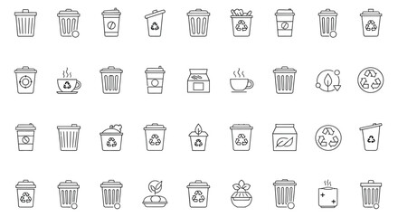 Fototapeta premium a collection of line art icons depicting various recycling bins, trash cans, and waste management symbols for eco-friendly and environmental concepts