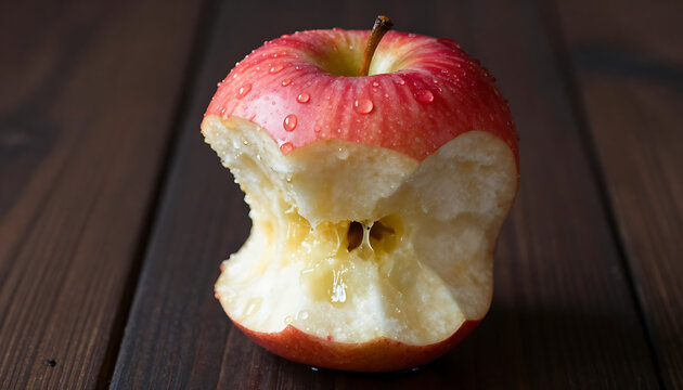 Green Apple Core on Rustic Wooden Surface
