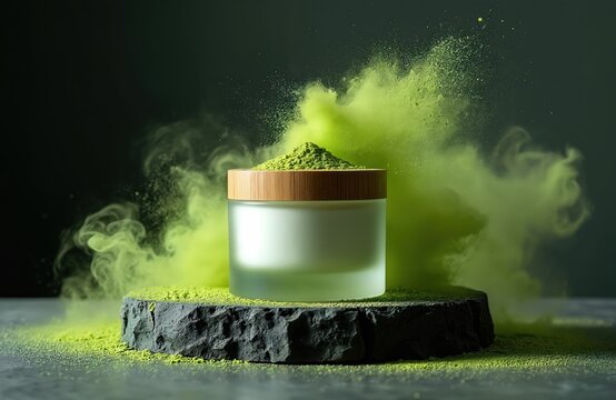 Cosmetic jar with matcha powder splash. Natural skincare product. Green anti-aging cream. Organic facial treatment. Luxury beauty. Healthy skin care.