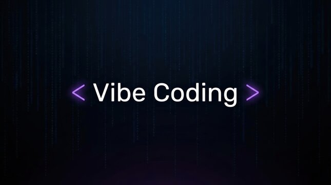 Vibe coding neon purple text on dark background with code matrix rain