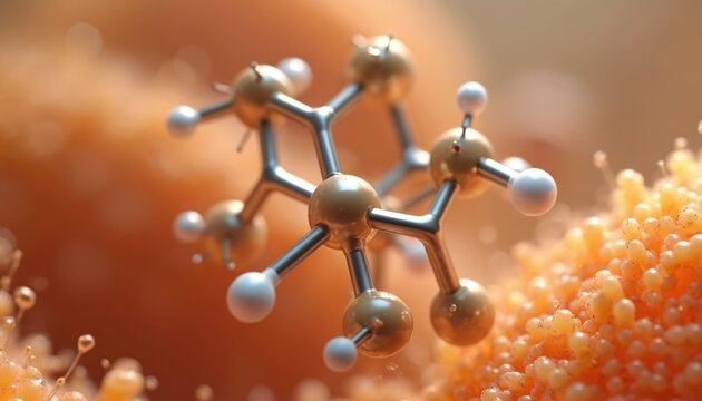 Itraconazole drug molecule structure, triazole antifungal agent. Skeletal formula shown close up with orange cell like background. Medical science and pharmacy.