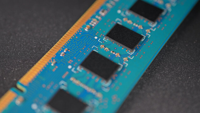 Computer RAM or Random Access Memory, chips on the board, increasing price concept. DDR RAM memory cards are used for AI data centers. Supply chain tightening due AI boom and high demand AI clients.