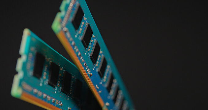 Computer RAM or Random Access Memory, chips on the board, increasing price concept. DDR RAM memory cards are used for AI data centers. Supply chain tightening due AI boom and high demand AI clients.