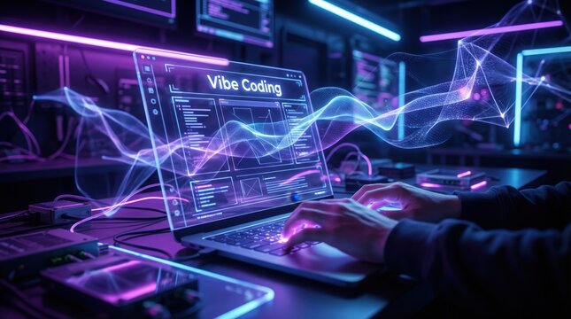 A person coding on a laptop with a futuristic vibe in a dark room with neon lights and a wave design on the screen