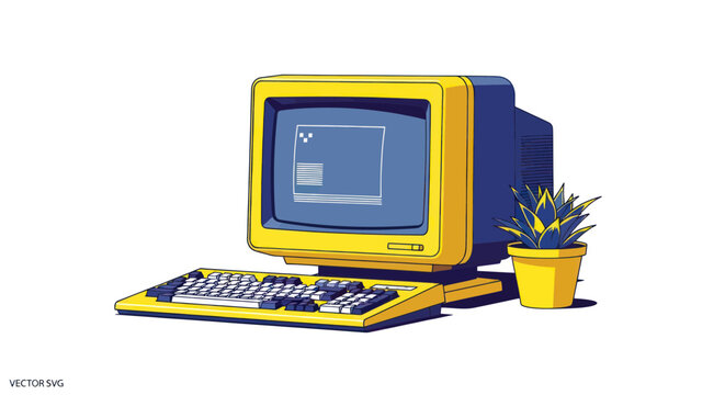 Retro computer setup with yellow monitor, keyboard, and potted plant.