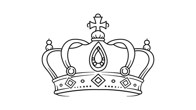 Elegant royal crown vector icon featuring minimalist black line art on a white background. Hand-drawn outline illustration of a majestic monarch headpiece, perfect for luxury branding and logo design.