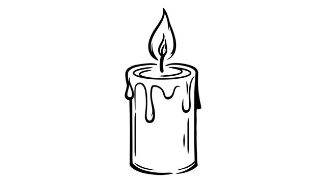 Minimalist black line vector icon illustration of a lit candle with a flickering flame and dripping wax, hand-drawn outline style on a white background, perfect for clean graphic design projects.