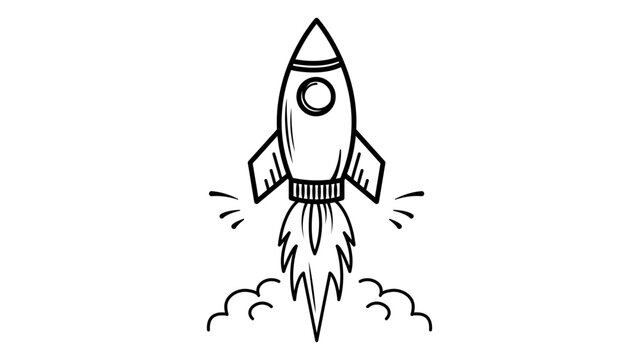 Hand-drawn minimalist black line vector icon of a rocket ship launching into space with fire and smoke, isolated on a white background. Ideal for startup, business, and technology project designs.