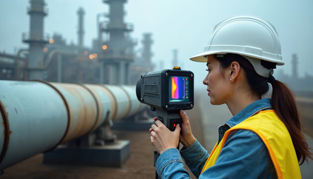 Woman engineer uses thermal camera for pipeline inspection at foggy industrial plant. Technician scans pipes with infrared device for maintenance and safety checks.