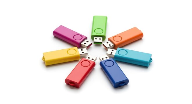 Colorful USB Flash Drives Arranged in a Circle on White Background.
