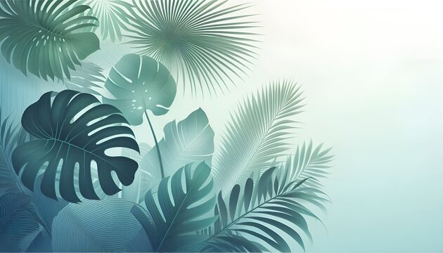 Tropical Summer Biophilic Jungle Botanical Background with Various Tropical Palm Banana Leaf silhouettes on Soft Gradient, Creating a Serene Natural Design. Lush Green Blue Mural Monochrome Wallpaper