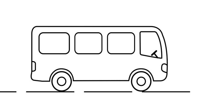 Minimalist black and white line art animation of a bus moving on road, outline drawing.