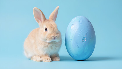 Fototapeta premium White Rabbit Holding Blue Easter Egg 