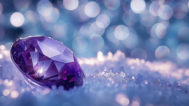 Purple gemstone resting in fresh sparkling snow with bokeh lights. Shiny amethyst crystal on ice texture. Winter luxury concept for jewelry background design.