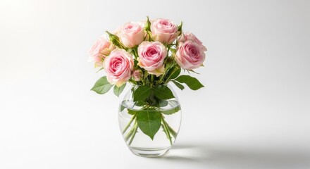 Obraz premium Delicate pink roses in a glass vase on white background.