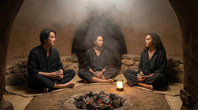 Three people sharing a temazcal steam lodge ritual in earthen dome