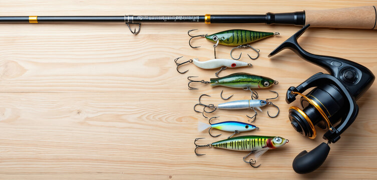 Fishing rod and reel with various lures laid out on wooden plank surface. Collection includes colorful artificial bait with sharp treble hooks for angling. Tools for catching fish.