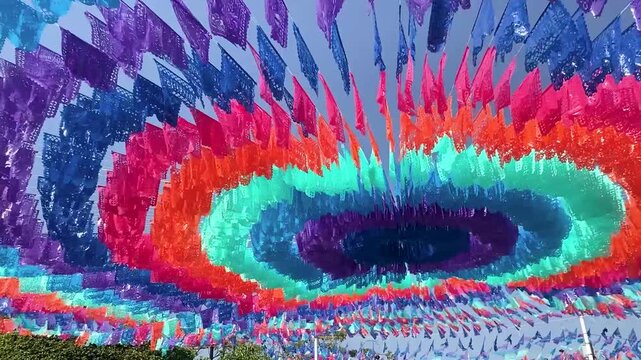 Traditional papel picado decorates the town square in Mexico.