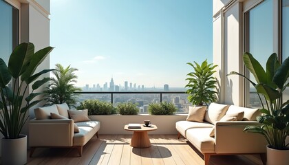 Obraz premium Modern balcony with beige sofas and plants offers city skyline view. Sunlight streams on wooden floor, creating bright, airy outdoor living space with urban panorama. Enjoy peaceful city life.