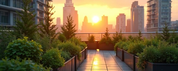 Obraz premium Rooftop garden with city skyline at sunrise. Lush green plants in planters line a walkway overlooking skyscrapers. Warm sun glows on buildings and path.