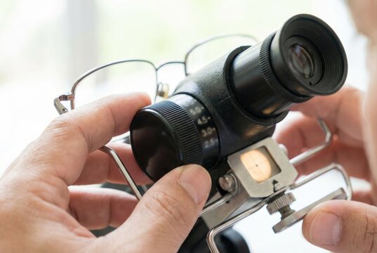 Optician hands adjusting dials on a lensometer while testing eyeglasses