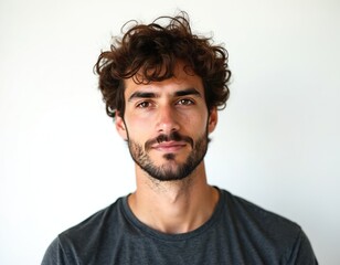 Obraz premium Close-up portrait of young man with curly brown hair, beard. Friendly expression, looks directly at camera against white background. Grey t-shirt suggests casual attire. Image could represent