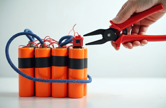 Hand with red cutters approaches bomb device with orange cylinders and blue wires. Person attempts to defuse explosive by cutting red wire, preventing detonation. High risk situation.