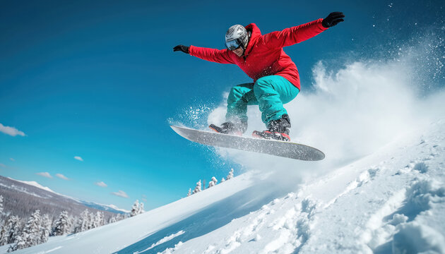 Snowboarder performs aerial trick on sunny day against clear blue sky. Snow sprays from board as rider leaps high above mountain slope. Winter sport action in snow covered landscape.