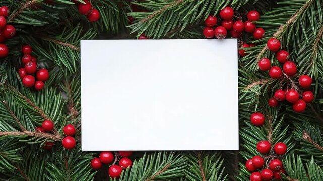 White paper card on Christmas tree branches with red berries. Holiday background with green needles and berry decoration. Festive invitation layout template design.