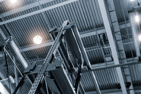 Interior of the new and modern empty shelves warehouse space