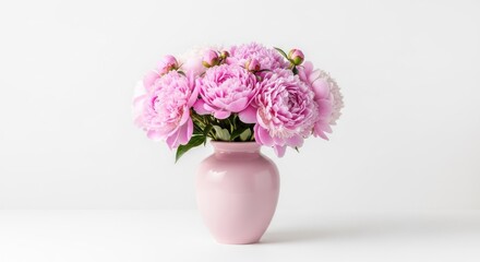 Obraz premium Elegant Pink Peonies in a Matching Vase on White Background.