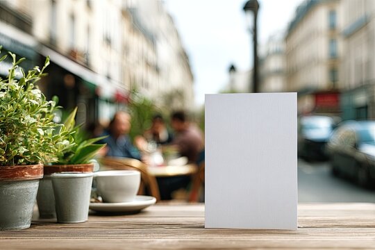 Blank White Card on Outdoor Cafe Table with Coffee Cup.