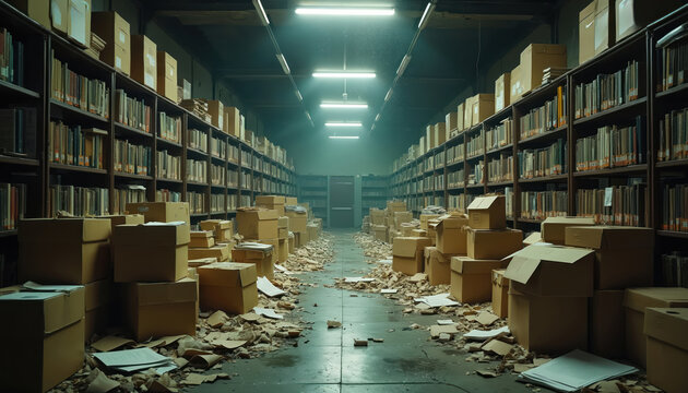 Long library aisles filled with shelves of books, piles of cardboard boxes. Papers rubbish floor in this dusty, cluttered storage room. Books, documents are scattered throughout forgotten archive
