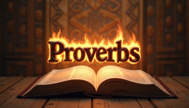 Open ancient book with word Proverbs burning above. Represents wisdom, knowledge, and spiritual guidance from sacred text. Useful for religious or educational themes.