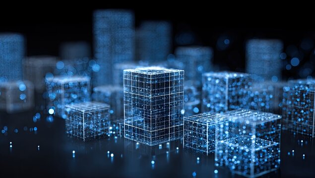 Futuristic Digital Cityscape with Glowing Blue Wireframe Buildings.