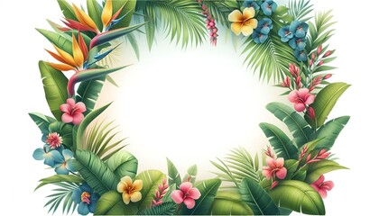Fototapeta premium Fresh Exotic Jungle Background with Copy Space Menu Border Made of Tropical Leaves & Flowers. Watercolor For Summer Vibes Greeting Cards Posters Banners Placards Cafe Coffee Shop Hawaii Bar Restaurant