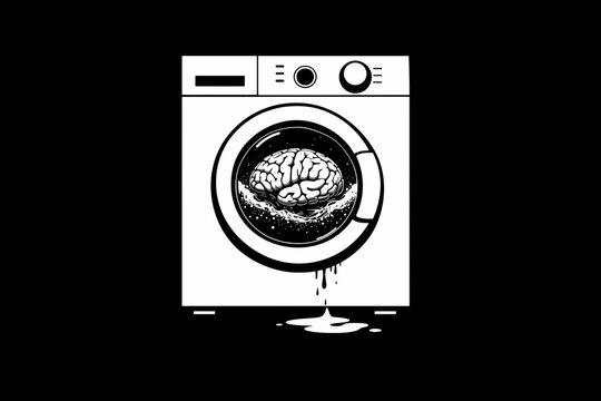 A minimalist black and white illustration of a human brain being washed inside a washing machine, symbolizing the concepts of brainwashing, indoctrination, or mental cleansing.