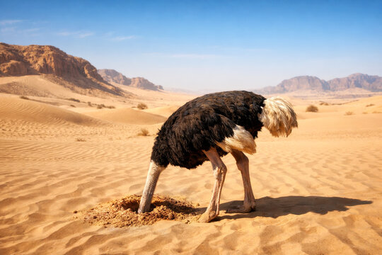 A large ostrich burying its head in desert sand, symbolizing denial, avoidance, and refusing to face problems or reality in business and life.
