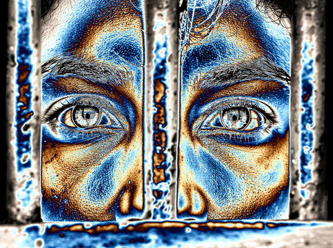 A high-contrast, solarized close-up of a person's eyes peering through iron bars, representing themes of incarceration, depression, or feeling trapped by circumstances.